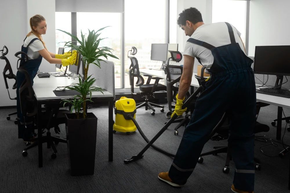 Two professional cleaners in overalls and yellow gloves perform janitorial tasks in a modern, open-plan office.